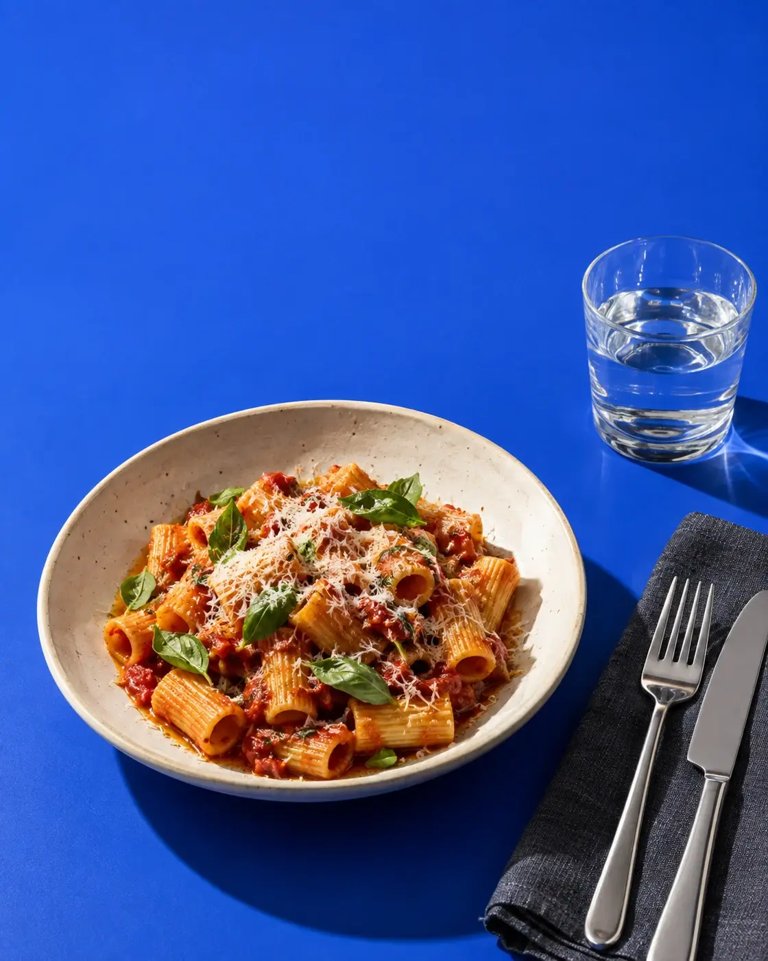 Illustrative restaurant still life of pasta and a table setting on cobalt blue